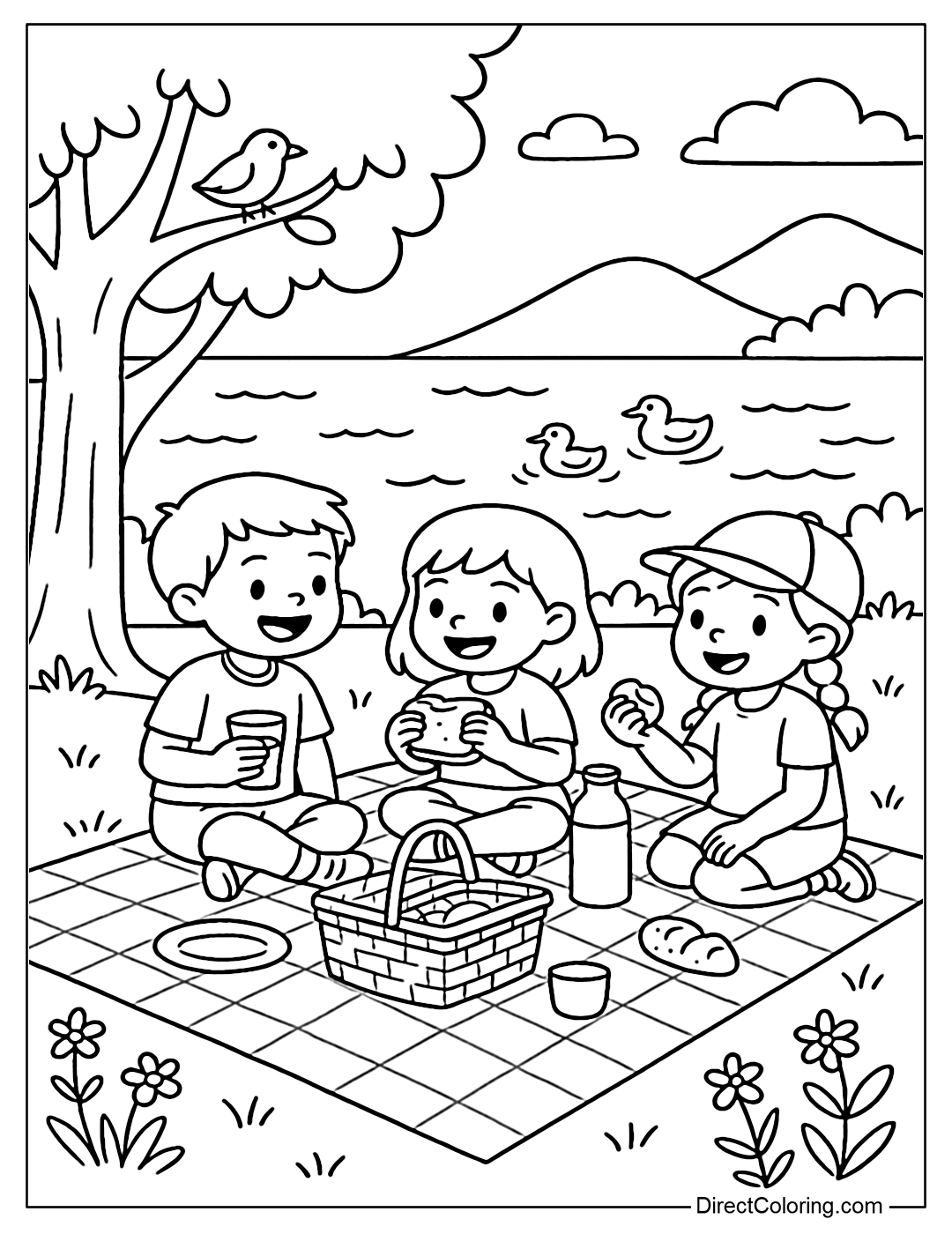 Coloring page of children sitting on a picnic by a lake, with trees, ducks and small waves.